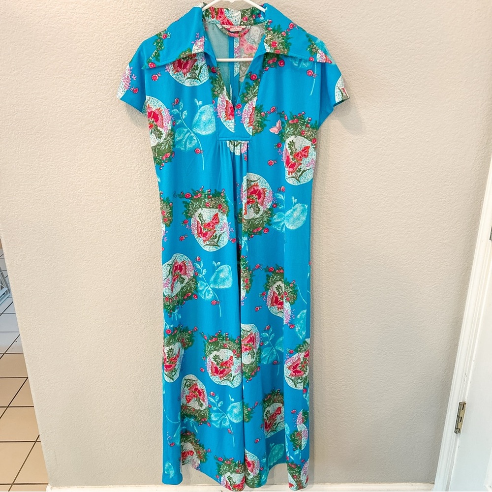 Vintage 60s 70s Maxi Midi House Dress Butterflies Daggar Collar Boho Hippie Sz M